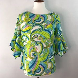Vintage Union-Made Multicolor 3/4 Flutter Sleeve Button Back Top Size 38 (8/M)